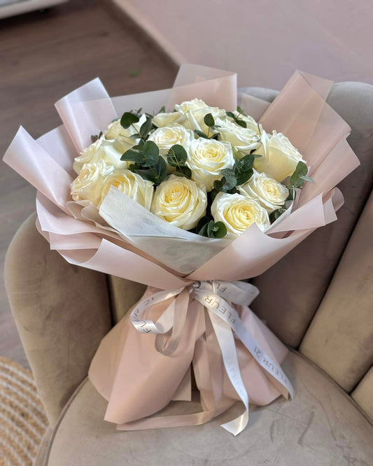 White roses with eucalyptus